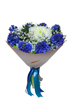 Букет с хризантемой и синими гиацинтами